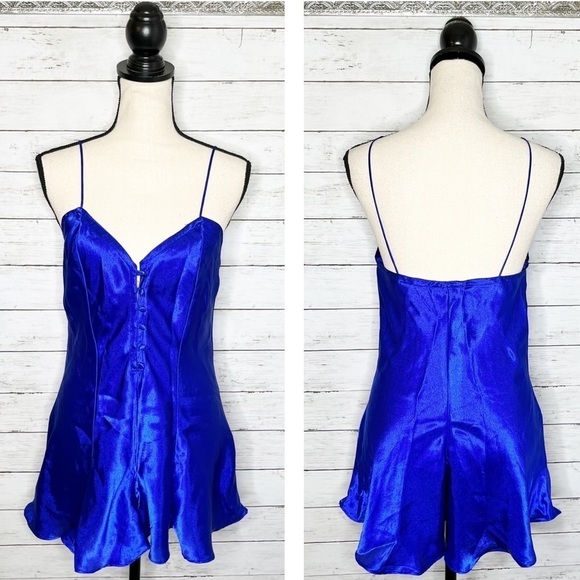 Victorias Secret Vintage Gold Label Blue Button Up Romper Slip Dress Medium - Picture 1 of 10